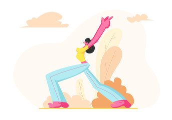 Young Sporty Woman with Slim Figure Wearing Sports Wear Training Outdoors, Female Character Doing Lunge with Hands Rising Up Side View, Sport and Active Healthy Life. Cartoon Flat Vector Illustration