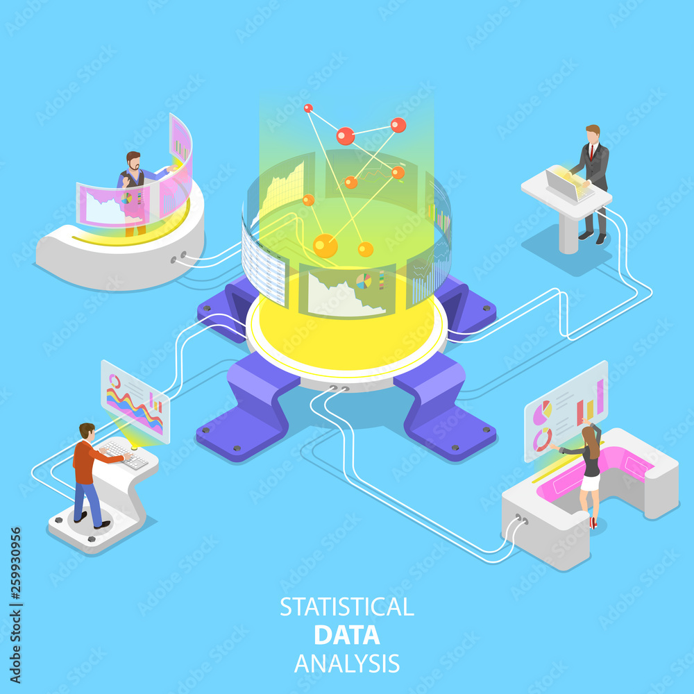 Poster flat isometric vector concept of statictical data analysis and analytics, audit report, company perf