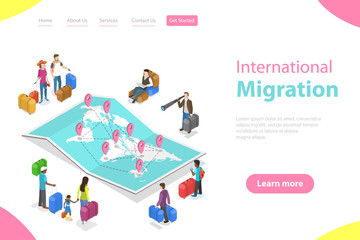 Isometric flat vector landing page template of international migration, immigration, refugee crisis.