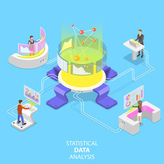 Flat isometric vector concept of statictical data analysis and analytics, audit report, company performance analysis.