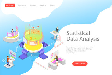 Flat isometric vector landing page template of statictical data analysis and analytics, audit report, company performance analysis.
