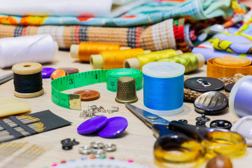 sewing and handicraft supplies on the table