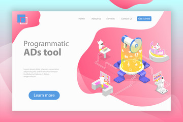 Flat isometric vector landing page template of programmatic advertising, social media campaign, automated digital marketing.