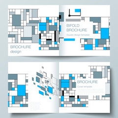 The vector layout of two covers templates for square design bifold brochure, magazine, flyer, booklet. Abstract polygonal background, colorful mosaic pattern, retro bauhaus de stijl design.
