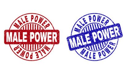Grunge MALE POWER round stamp seals isolated on a white background. Round seals with grunge texture in red and blue colors. Vector rubber imprint of MALE POWER label inside circle form with stripes.