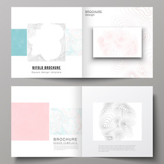 The vector illustration of the editable layout of two covers templates for square design bifold brochure, magazine, flyer, booklet. Topographic contour map, abstract monochrome background.