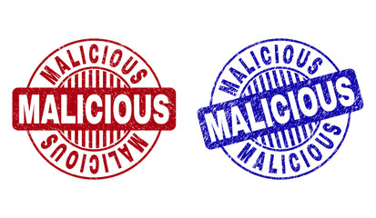 Grunge MALICIOUS round stamp seals isolated on a white background. Round seals with distress texture in red and blue colors.