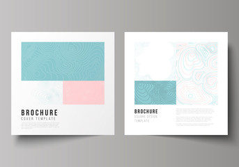 The minimal vector illustration of editable layout of two square format covers design templates for brochure, flyer, magazine. Topographic contour map, abstract monochrome background.