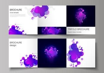 The black colored minimal vector layout. Modern creative covers design templates for trifold square brochure or flyer. Black background with fluid gradient, liquid blue colored geometric element.