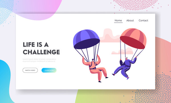 Senior Man and Woman Skydivers in Sportswear Floating in Sky with Parachutes. Aged Characters Doing Skydiving Extreme Sport, Website Landing Page, Web Page. Cartoon Flat Vector Illustration, Banner