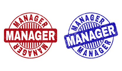 Grunge MANAGER round stamp seals isolated on a white background. Round seals with distress texture in red and blue colors. Vector rubber watermark of MANAGER label inside circle form with stripes.