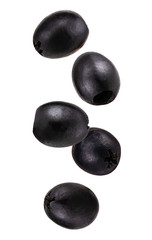 Falling black olives set isolated on white background