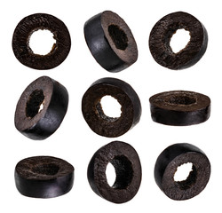 Black olives set isolated on white background. With clipping path. Collection