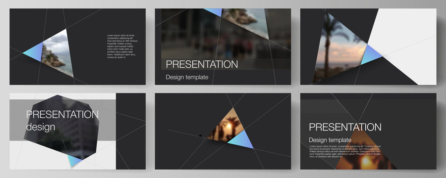 The minimalistic abstract vector layout of the presentation slides design business templates. Creative modern background with blue triangles and triangular shapes. Simple design decoration.