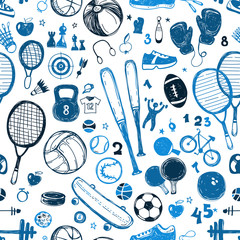 Sport sketch pattern. Hand drawn sports equipment.
