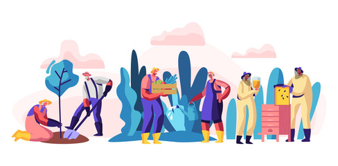 Senior People Gardening and Beekeeping Hobby. Aged Male and Female Characters Planting Tree, Harvesting, Caring of Bees. Active Lifestyle of Retired Men and Women. Cartoon Flat Vector Illustration