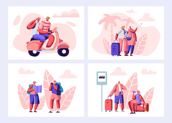 Senior People Traveling Set. Aged Touristic Travelers Waiting Bus on Station, Riding Bike, Watching Map, Making Pictures and Selfie on Sights. Men and Women Traveling Cartoon Flat Vector Illustration