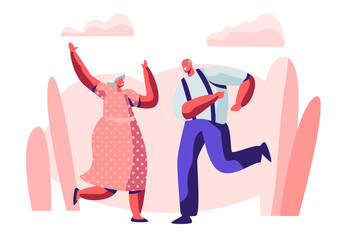 Fototapeta premium Senior Married Couple Sparetime with Dancing, Elderly People Active Lifestyle, Old Man and Woman in Loving or Friendly Relations Spend Time Together, Extreme Leisure. Cartoon Flat Vector Illustration