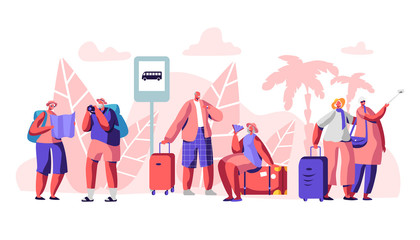 Group of Mature Tourist Characters Stand on Bus Station in Tropical Country with Palm Trees. Traveling People with Map, Photo Camera, Luggage Speaking, Making Selfie. Cartoon Flat Vector Illustration