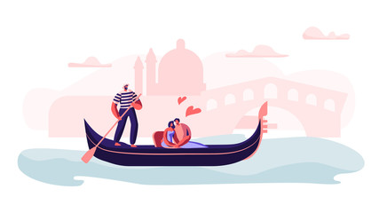 Happy Loving Couple Sitting in Gondola with Gondolier Floating at Canal Hugging with Hearts Around, Love in Venice. Man and Woman Have Trip or Romantic Tour to Italy. Cartoon Flat Vector Illustration © Pavlo Syvak