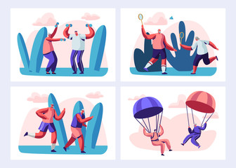 Set of Senior People Sport Activity and Healthy Lifestyle. Elderly People in Sports Wear Doing Exercises Open Air, Jogging, Skydiving, Playing Badminton Together. Cartoon Flat Vector Illustration