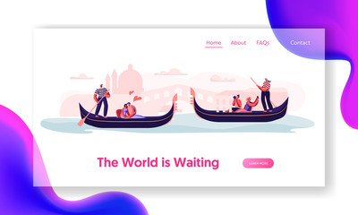 Romantic Tour in Italy. Love in Venice. Happy Loving Couples Floating on Gondolas with Gondoliers Hugging and Making Photo. Website Landing Page, Web Page. Cartoon Flat Vector Illustration, Banner © Pavlo Syvak