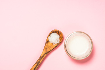 Coconut oil, natural cosmetic top view.