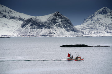 Fishing ship in Lofoten Archipelago, Norway, Europe