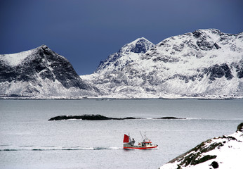 Fishing ship in Lofoten Archipelago, Norway, Europe