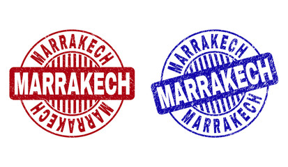 Grunge MARRAKECH round stamp seals isolated on a white background. Round seals with grunge texture in red and blue colors. Vector rubber watermark of MARRAKECH caption inside circle form with stripes.