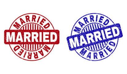 Grunge MARRIED round stamp seals isolated on a white background. Round seals with grunge texture in red and blue colors. Vector rubber overlay of MARRIED tag inside circle form with stripes.