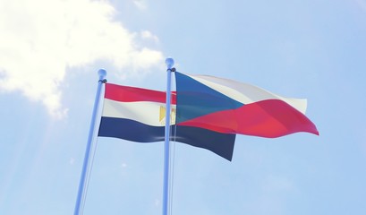 Czech Republic and Egypt, two flags waving against blue sky. 3d image