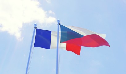 Czech Republic and France, two flags waving against blue sky. 3d image