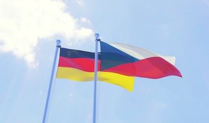 Czech Republic and Germany, two flags waving against blue sky. 3d image