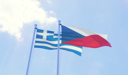 Czech Republic and Greece, two flags waving against blue sky. 3d image