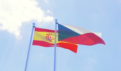 Czech Republic and Spain, two flags waving against blue sky. 3d image