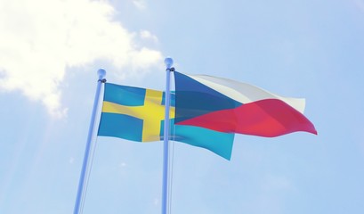Czech Republic and Sweden, two flags waving against blue sky. 3d image