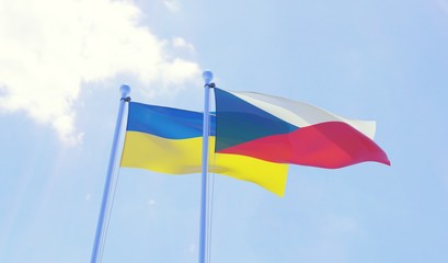 Czech Republic and Ukraine, two flags waving against blue sky. 3d image