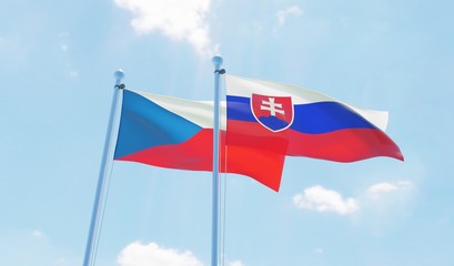 Czech Republic and Slovakia, two flags waving against blue sky. 3d image