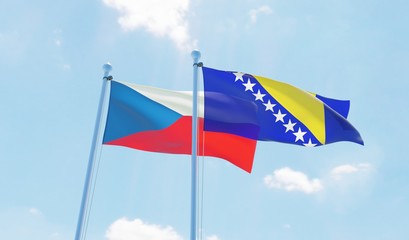 Czech Republic and Bosnia and Hercegovina, two flags waving against blue sky. 3d image