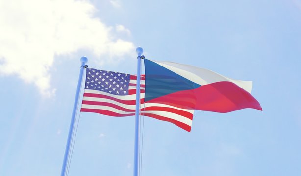 Czech Republic and USA, two flags waving against blue sky. 3d image