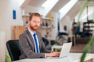 Portrait of a serious office worker in formal wear working on laptop.