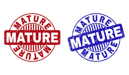 Grunge MATURE round stamp seals isolated on a white background. Round seals with grunge texture in red and blue colors. Vector rubber watermark of MATURE caption inside circle form with stripes.