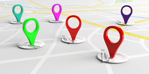 Location markers and place settings on map, white background. 3d illustration