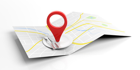 Location marker and place setting on map, white background. 3d illustration
