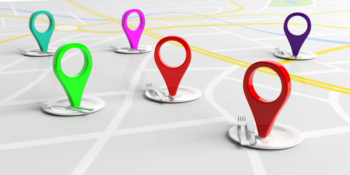 Location markers and place settings on map, white background. 3d illustration