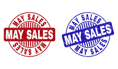 Grunge MAY SALES round stamp seals isolated on a white background. Round seals with grunge texture in red and blue colors. Vector rubber overlay of MAY SALES label inside circle form with stripes.