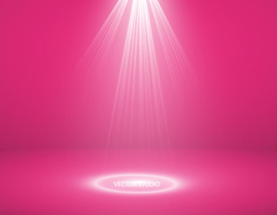 Studio background. Vector empty pink studio for your design, spotlight. Vector graphics. Empty bright color studio table, banner for advertising. Vector illustration .tv studio