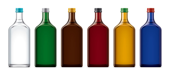A set of colored glass bottles. 