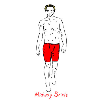 Portrait of sexy blonde guy in red briefs shorts with inscription, hand drawn outline doodle, sketch, vector illustration